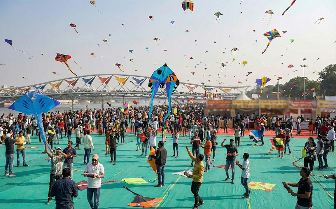 Colorful kites filling the sky during Uttarayan Festival in Ahmedabad