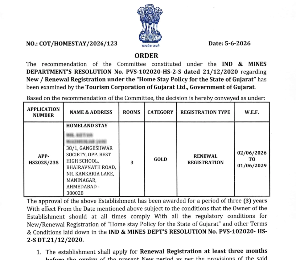 Gujarat Tourism Gold Category Homestay Certificate